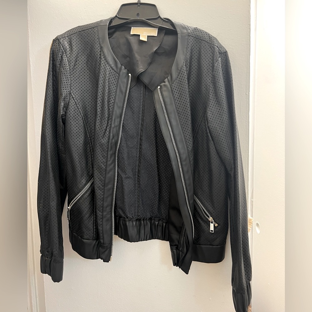 Black Michael Kors Vegan Leather Bomber Jacket